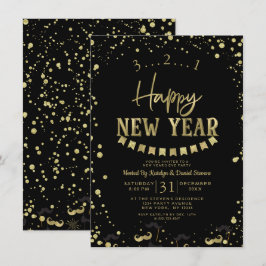 Black & Gold Foil Confetti Silvester Party Einladung