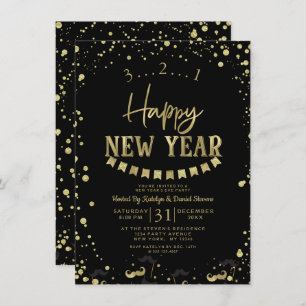 Black & Gold Foil Confetti Silvester Party Einladung