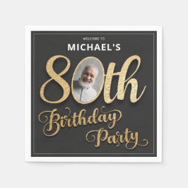 Black Gold Foil Custom Photo 80th Birthday Serviette