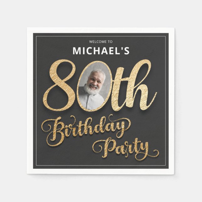 Black Gold Foil Custom Photo 80th Birthday  Serviette (Vorderseite)