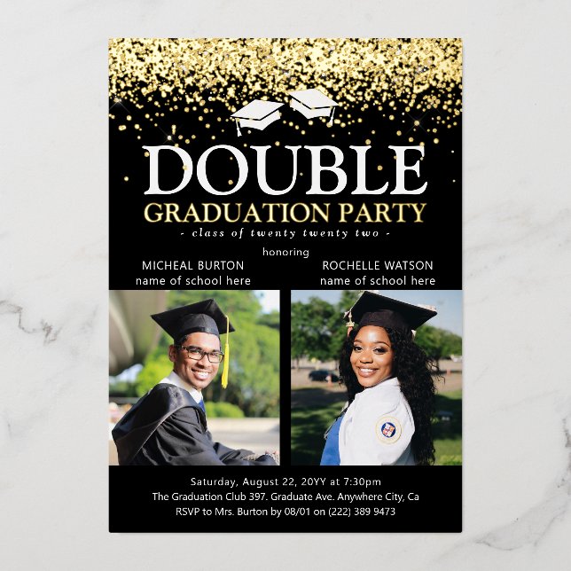 Black & Gold Foil Double Graduation Party Foto Folieneinladung (Vorderseite)