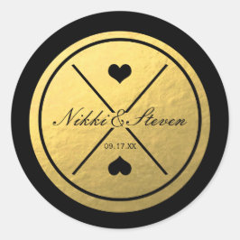 Black & Gold Foil Heart Round Wedding Sticker