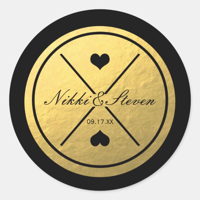 Black & Gold Foil Heart Round Wedding Sticker (Vorderseite)