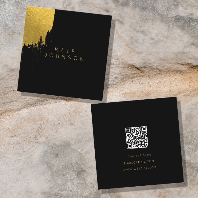 Black Gold Foil Luxe Minimalistisch QR Code Quadratische Visitenkarte (Von Creator hochgeladen)
