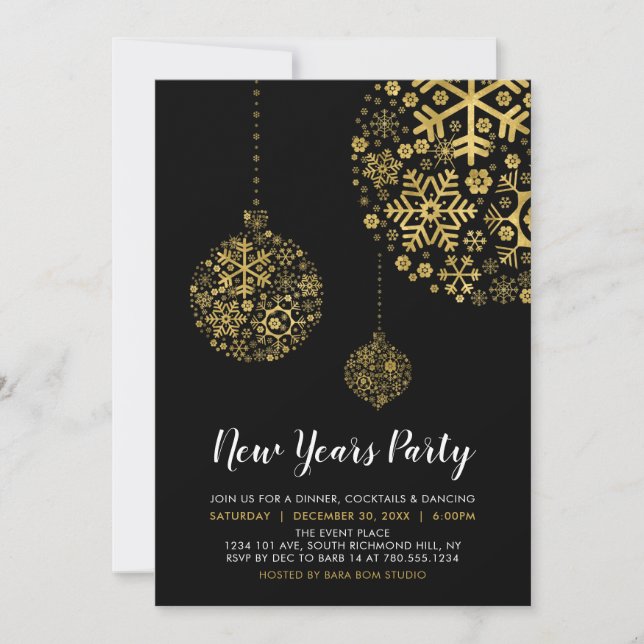 Black & Gold Foil Modernes Silvester Party Einladung (Vorderseite)
