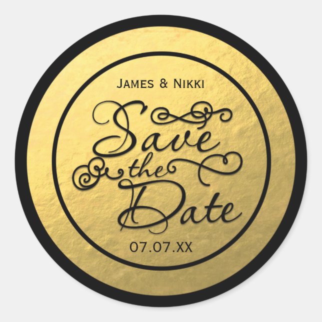 Black & Gold Foil SAVE THE DATE Hochzeitsticker Runder Aufkleber (Vorderseite)