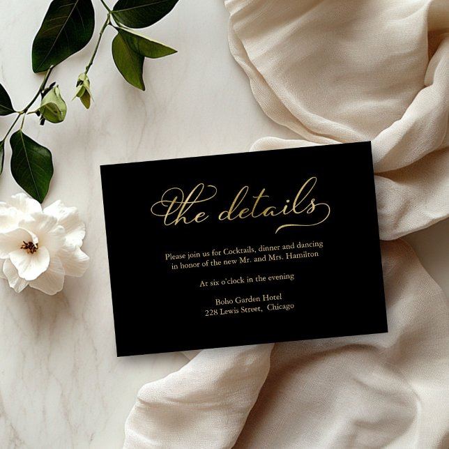 Black Gold Foil Script Wedding Details Card RSVP Karte (Von Creator hochgeladen)