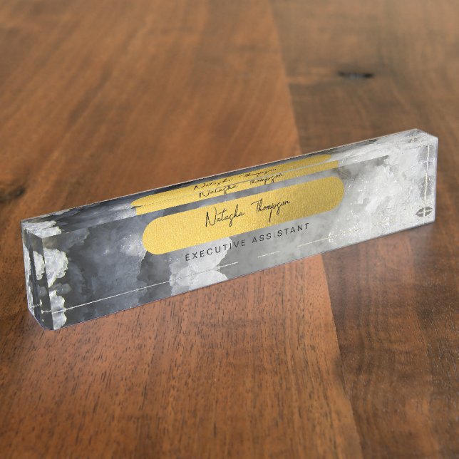 Black Gold Foil Sea Crystals Signature Script Namensplakette (Seite)