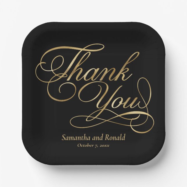 Black & Gold Foil Vielen Dank für Ihre kalligraphi Pappteller (Vorderseite)