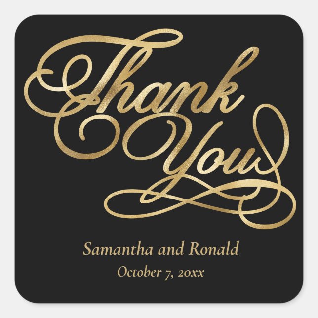 Black & Gold Foil Vielen Dank für Ihre kalligraphi Quadratischer Aufkleber (Vorderseite)