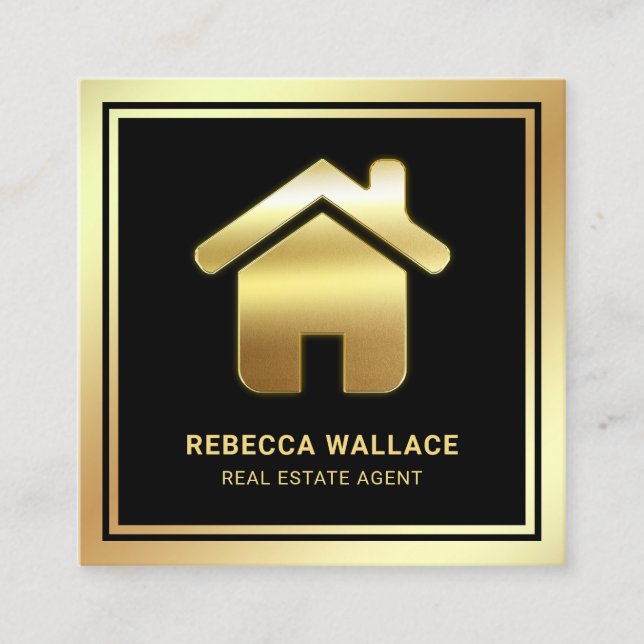 Black Gold Foil Zuhause Logo Real Anwesen Agent Quadratische Visitenkarte (Vorderseite)