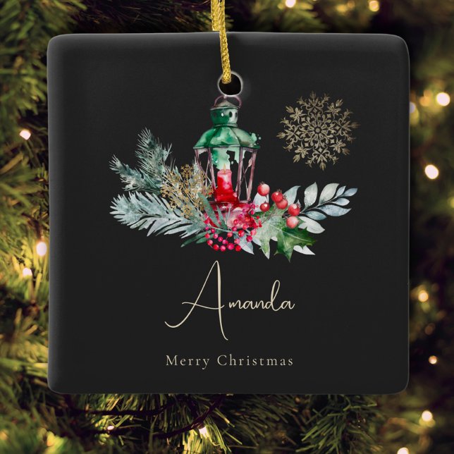 Black Gold Foliage Lantern Moderne frohe Weihnacht Keramikornament (Von Creator hochgeladen)