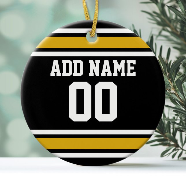 Black Gold Football Jersey Individuelle Name Numme Keramik Ornament (Personalized Christmas Ornament - Football Sorts Jersey Stripes)