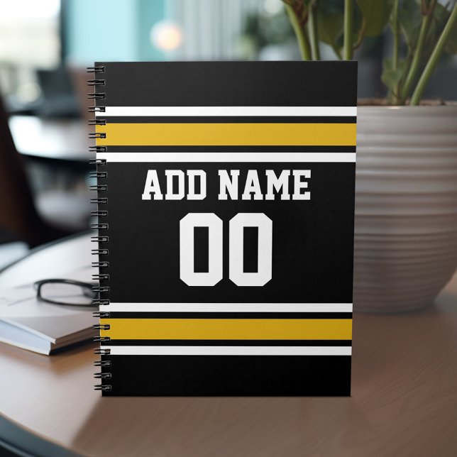 Black Gold Football Jersey Individuelle Name Numme Notizblock (Personalized notebook with Sports Jersey Football Design - Custom Name and Other Text)