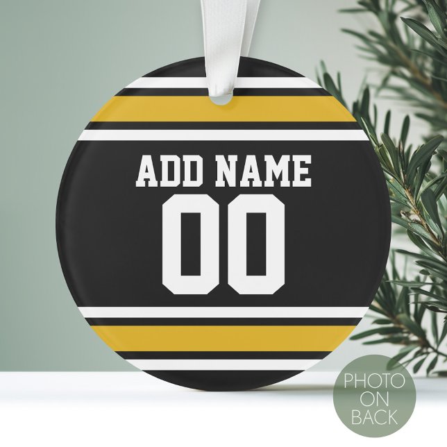 Black Gold Football Jersey Individuelle Name Numme Ornament (Personalized Photo Ornament with a Sports Jersey Design)