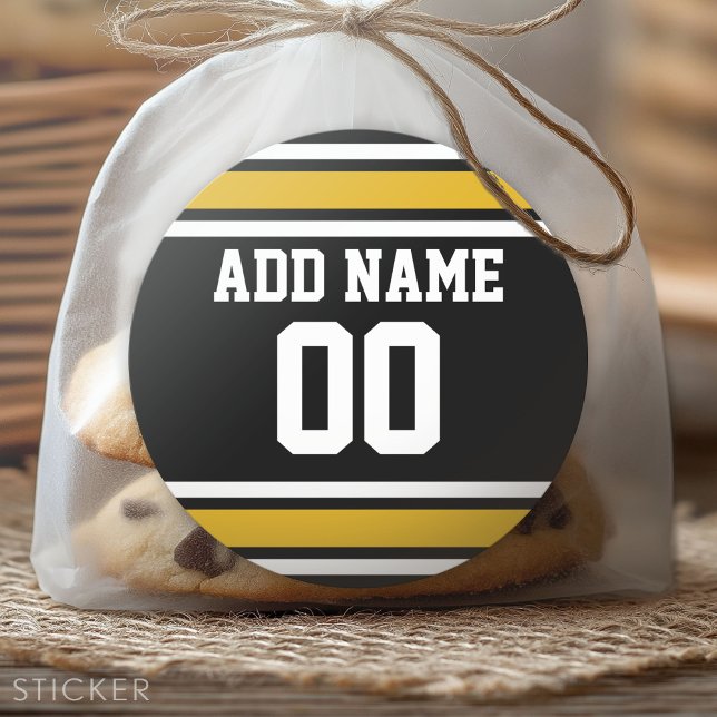 Black Gold Football Jersey Individuelle Name Numme Runder Aufkleber (Custom Sticker for Party Favors and Envelopes)