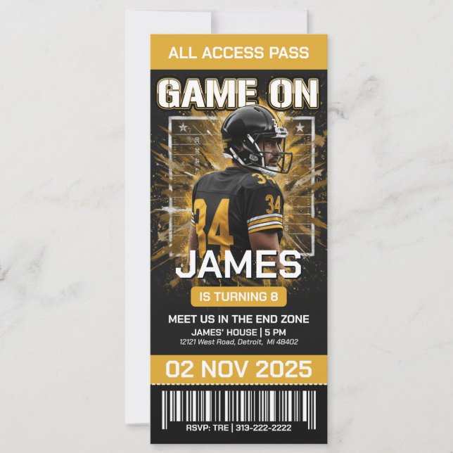 Black & Gold Football Ticket Birthday Invitation Einladung (Vorderseite)