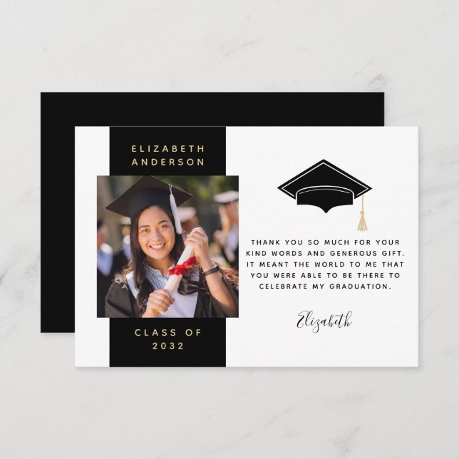Black Gold Foto Graduation Cap Dankeskarte (Vorne/Hinten)