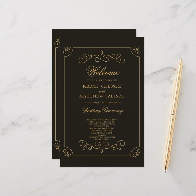 Black Gold Frame Borders Wedding Program Card (Vorderseite/Rückseite Beispiel)