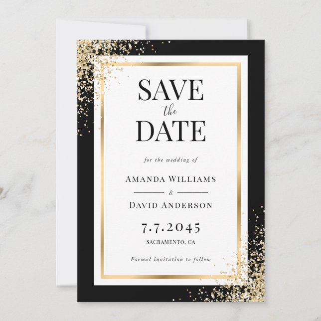 Black Gold Frame Confetti Wedding Save The Date (Vorderseite)