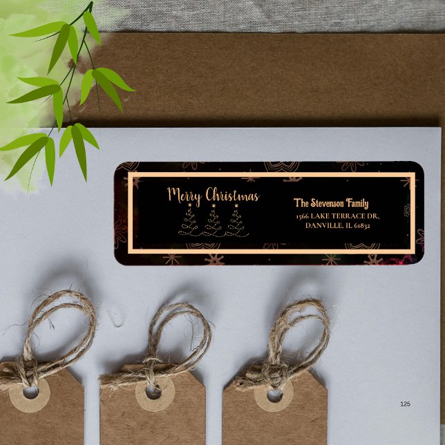 Black Gold Frohe Weihnachtsbaum-Rücksendeadresse (Black Gold Merry Christmas Tree Return Address Label)