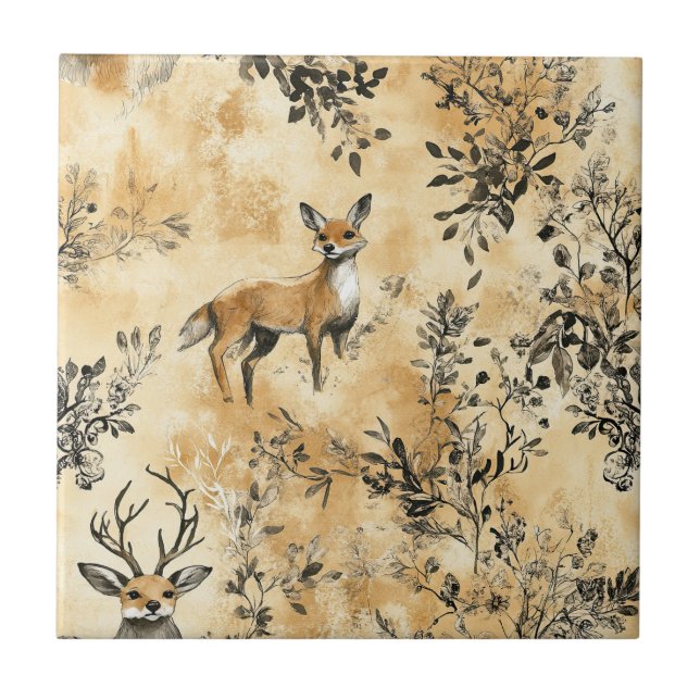 Black Gold Fuchs Botanischer viktorianischer Muste Fliese (Vorderseite)