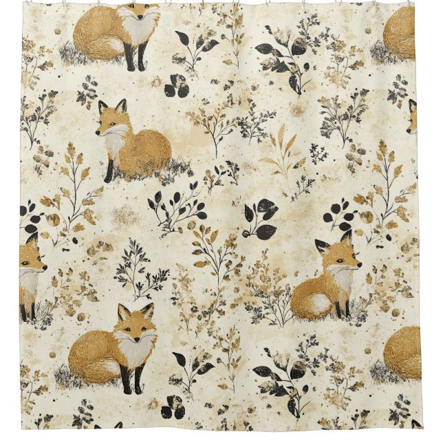 Black Gold Fuchs Kunsthandwerk Blumiges Muster Duschvorhang (Vorderseite)