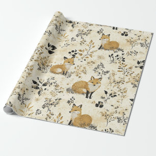Black Gold Fuchs Kunsthandwerk Blumiges Muster Geschenkpapier