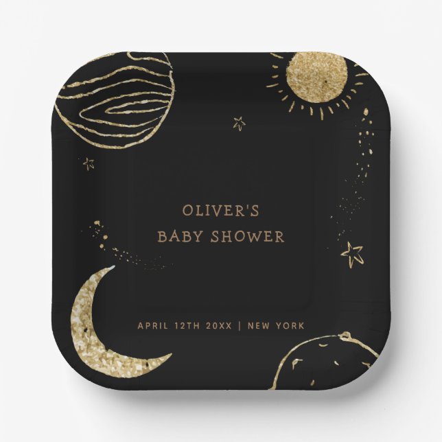 Black Gold Galaxy Moon Star Boy Baby Dusche Pappteller (Vorderseite)