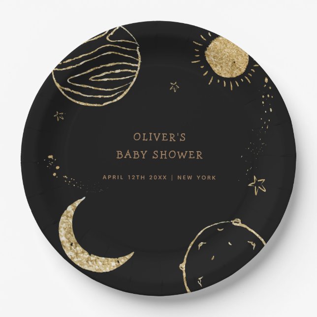Black Gold Galaxy Weltraumjunge Babydusche Pappteller (Vorderseite)