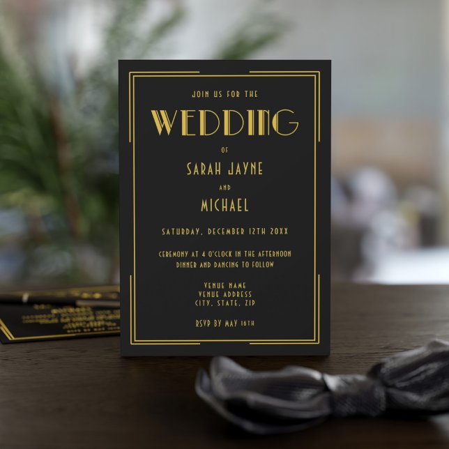 Black Gold Gatsby Deko Style Einladungen für Hochz (Add your details to this black and gold 1920s themed wedding invitation)