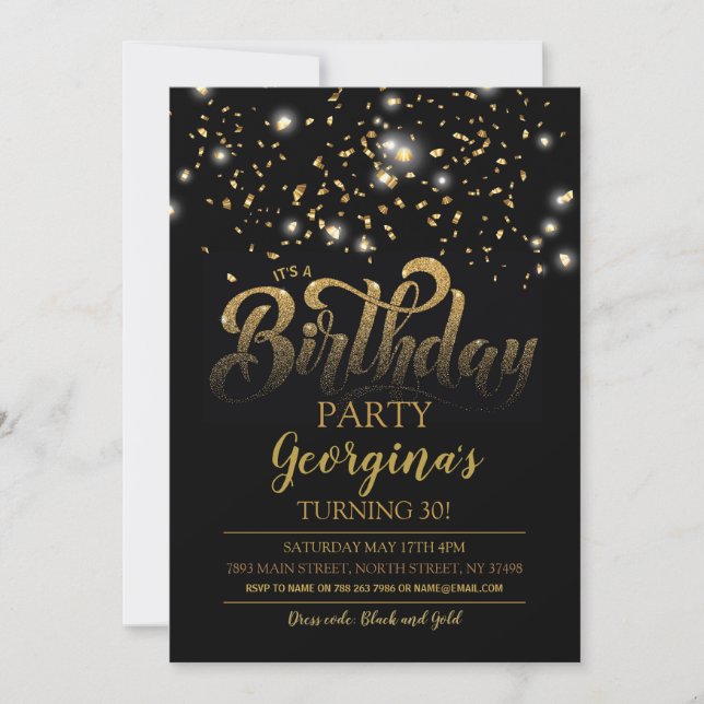 Black & Gold Geburtstagsparty Einladung Sparkasse (Vorderseite)