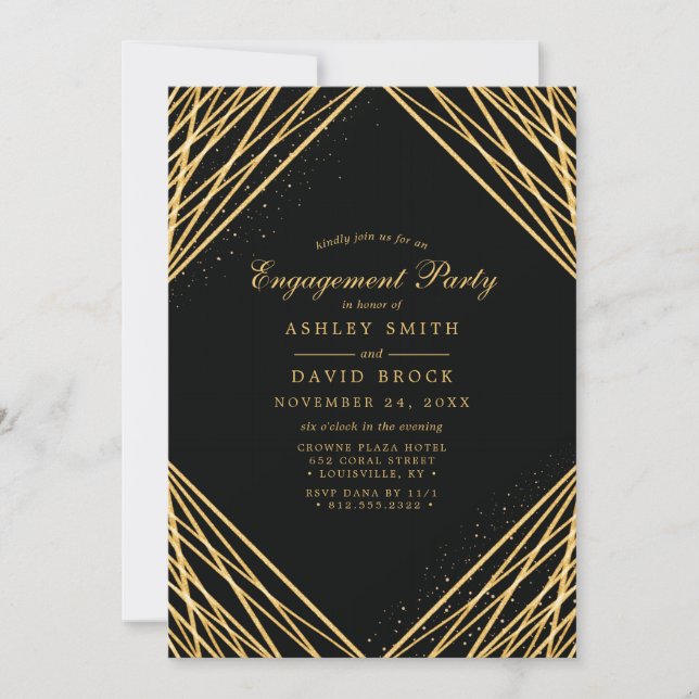 Black Gold Geometric Abstrakt Engagement Party Einladung (Vorderseite)