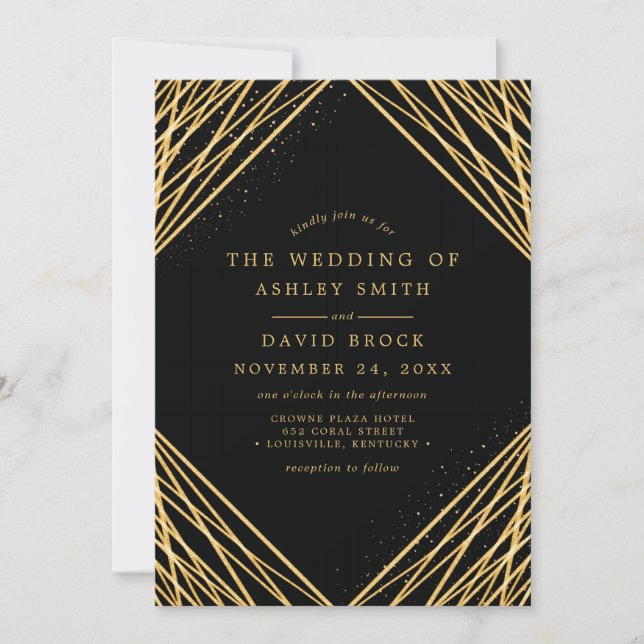 Black Gold Geometric Abstrakt Lines Wedding Einladung (Vorderseite)