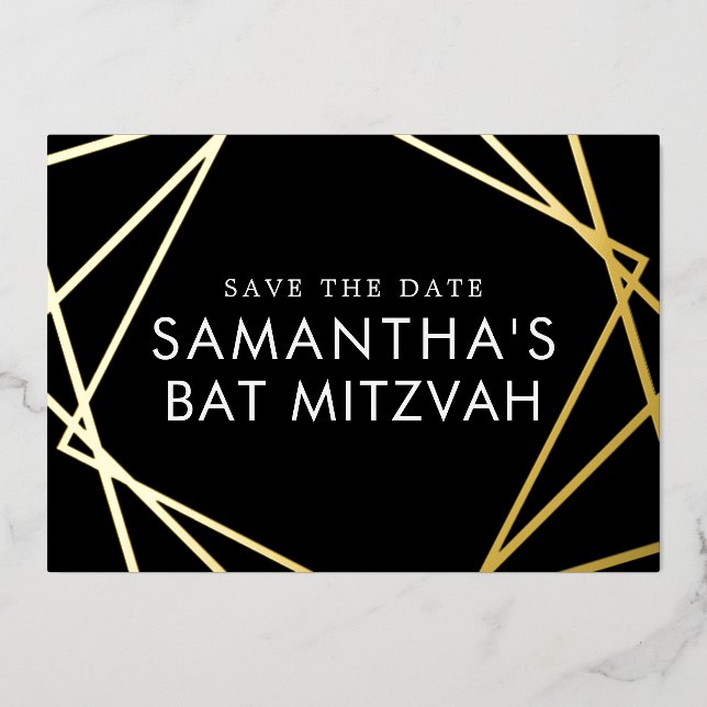 Black Gold Geometric Bat Mitzvah Save the Date Folieneinladung (Vorderseite)