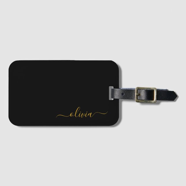 Black Gold Girl Script Monogram Name Modern Gepäckanhänger (Vorderseite (Horizontal))