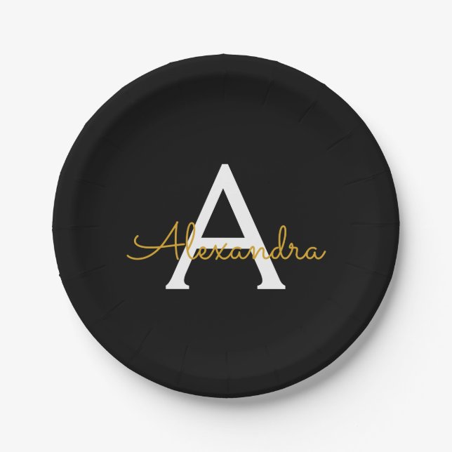 Black Gold Girl Script Monogram Name Modern Pappteller (Vorderseite)