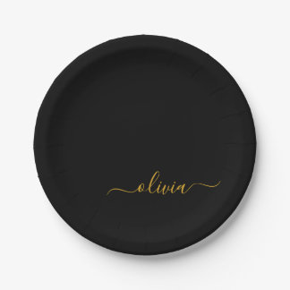 Black Gold Girl Script Monogram Name Modern Pappteller