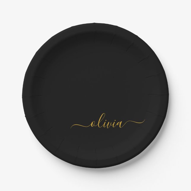 Black Gold Girl Script Monogram Name Modern Pappteller (Vorderseite)