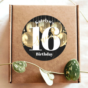 Black Gold Girly Luxury Sweet 16 Birthday Balloons Runder Aufkleber