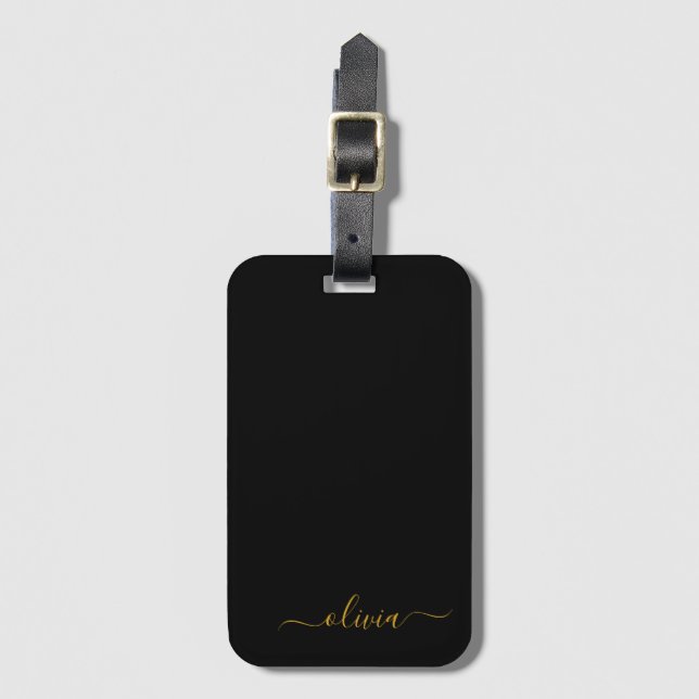 Black Gold Girly Script Monogramm Name Modern Gepäckanhänger (Vorderseite Vertikal)