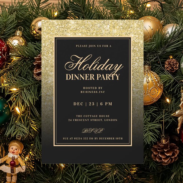 Black & Gold Glam FAUX Glitter Holiday Dinner  Einladung (Black & Gold Glam FAUX Glitter Holiday Dinner Invitation)