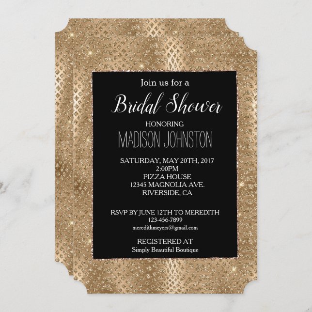 Black Gold Glam Glitzer Schlangen Einladung (Vorne/Hinten)