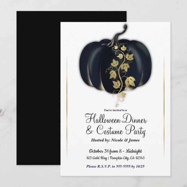 Black & Gold Glam Pumpkin Halloween Party Einladung (Vorne/Hinten)