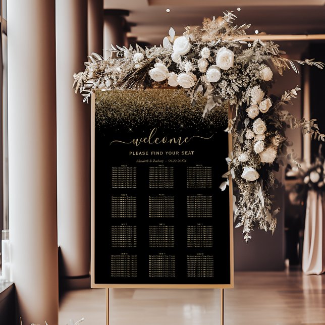 Black Gold Glitter 12-Table Wedding Seating Poster (Von Creator hochgeladen)