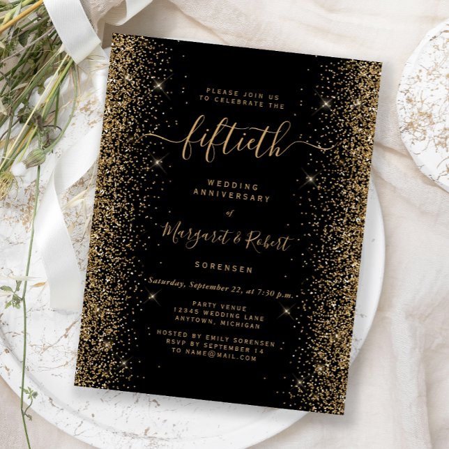 Black Gold Glitter 50th Anniversary Party Postkarte (Von Creator hochgeladen)