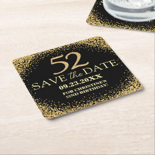 Black Gold Glitter 52. Geburtstag Save-the-Date Rechteckiger Pappuntersetzer