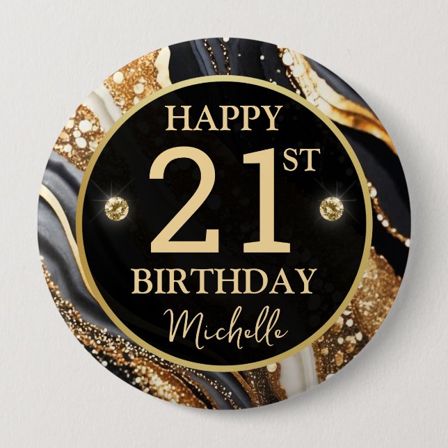 Black Gold Glitter Achat Geburtstagsabzeichen Button (Vorderseite)
