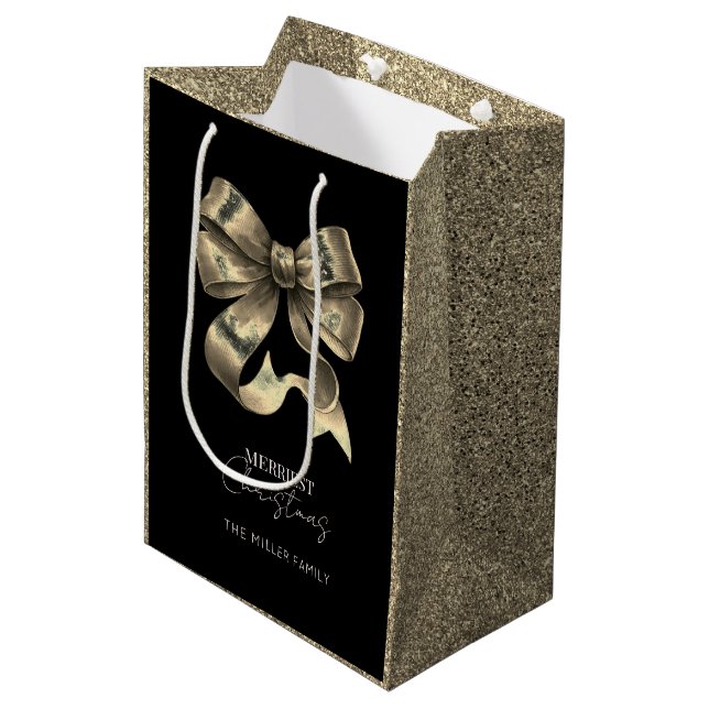 Black Gold Glitter Bow Weihnachten Mittlere Geschenktüte (Vorderseite Schrägansicht)
