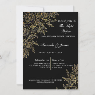 Black Gold Glitter Floral Photo Rehearsal Dinner  Einladung
